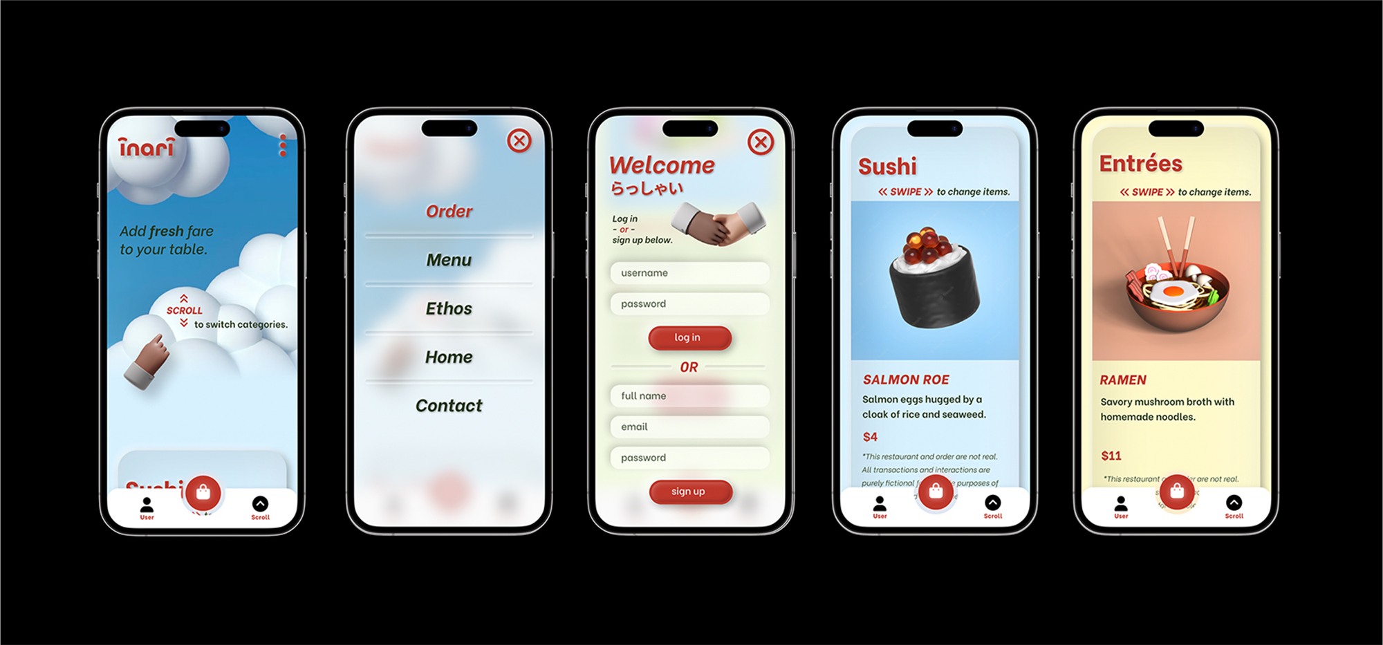 Five mobile screens displaying a restaurant app interface showing home screen, menu options, login/signup page, sushi item with salmon roe, and ramen entrée with chopsticks.