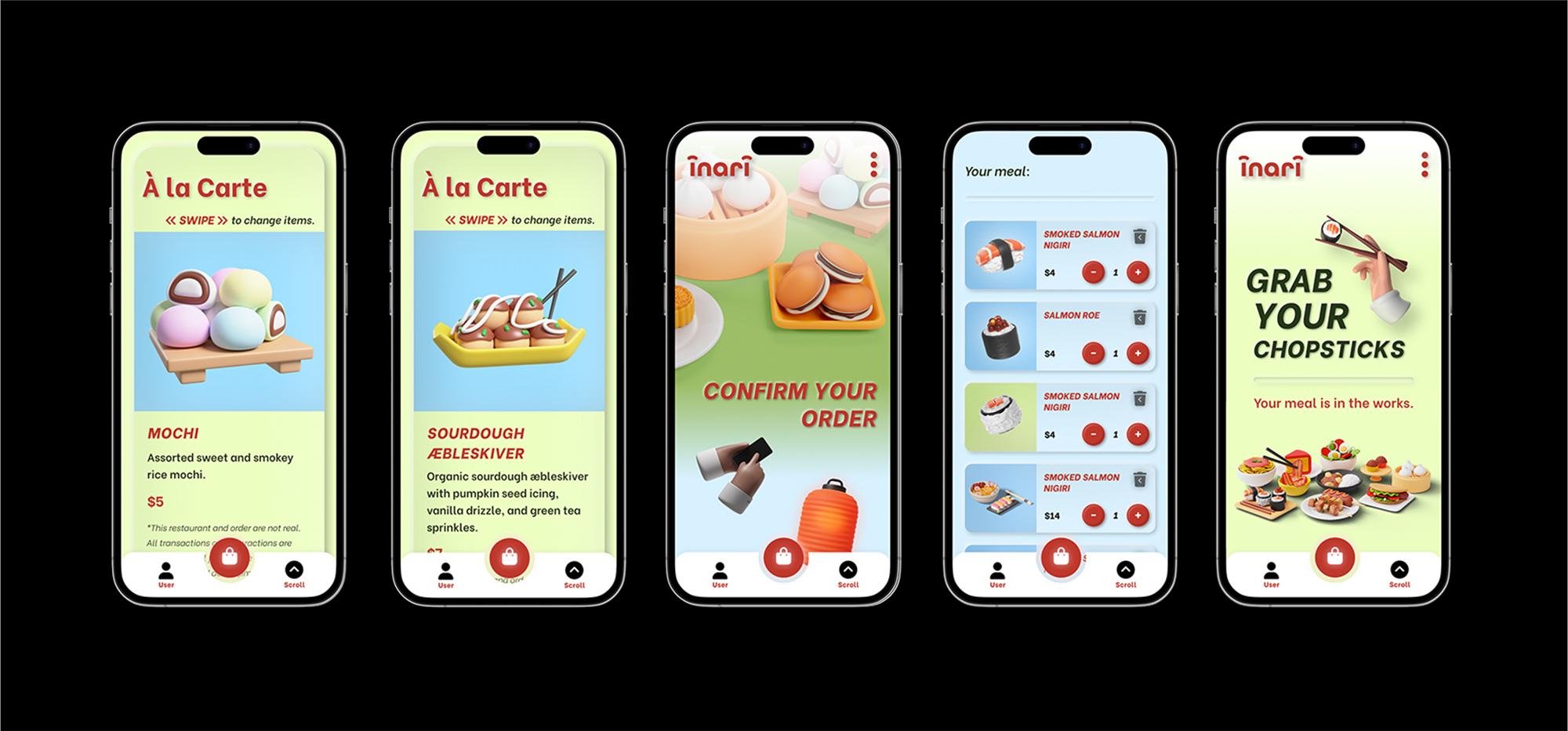 Five smartphone screens showing a food ordering app with items like colorful mochi, sourdough æbleskiver, sushi selections, an order confirmation page, and a screen encouraging users to grab chopsticks with illustrations of Japanese dishes.