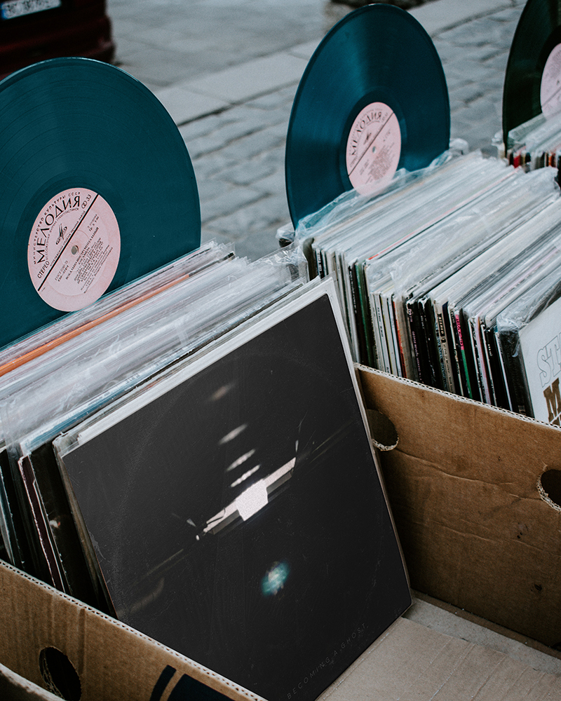 bin with vinyl records