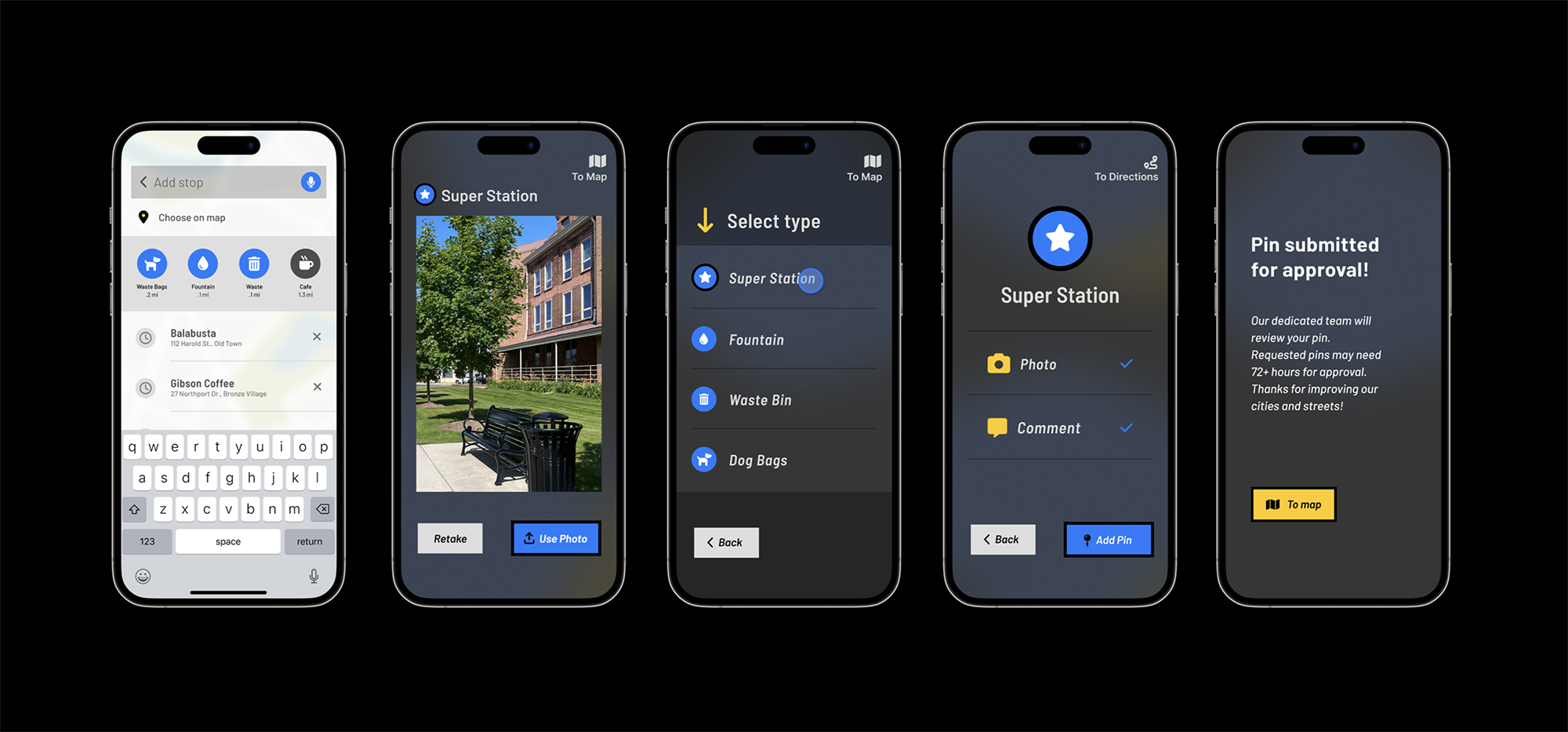Series of five smartphone screens showing a location pinning app workflow: selecting stops on map, taking a photo of a station bench, choosing pin type, adding photo and comment, and confirmation of pin submission for approval.