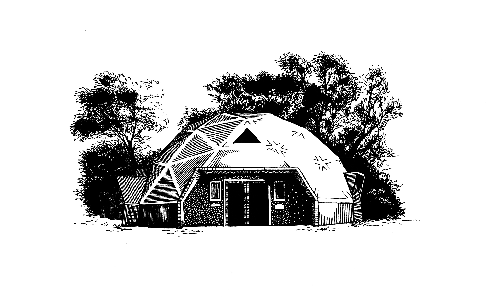 Black and white ink drawing of a geodesic dome house surrounded by trees.