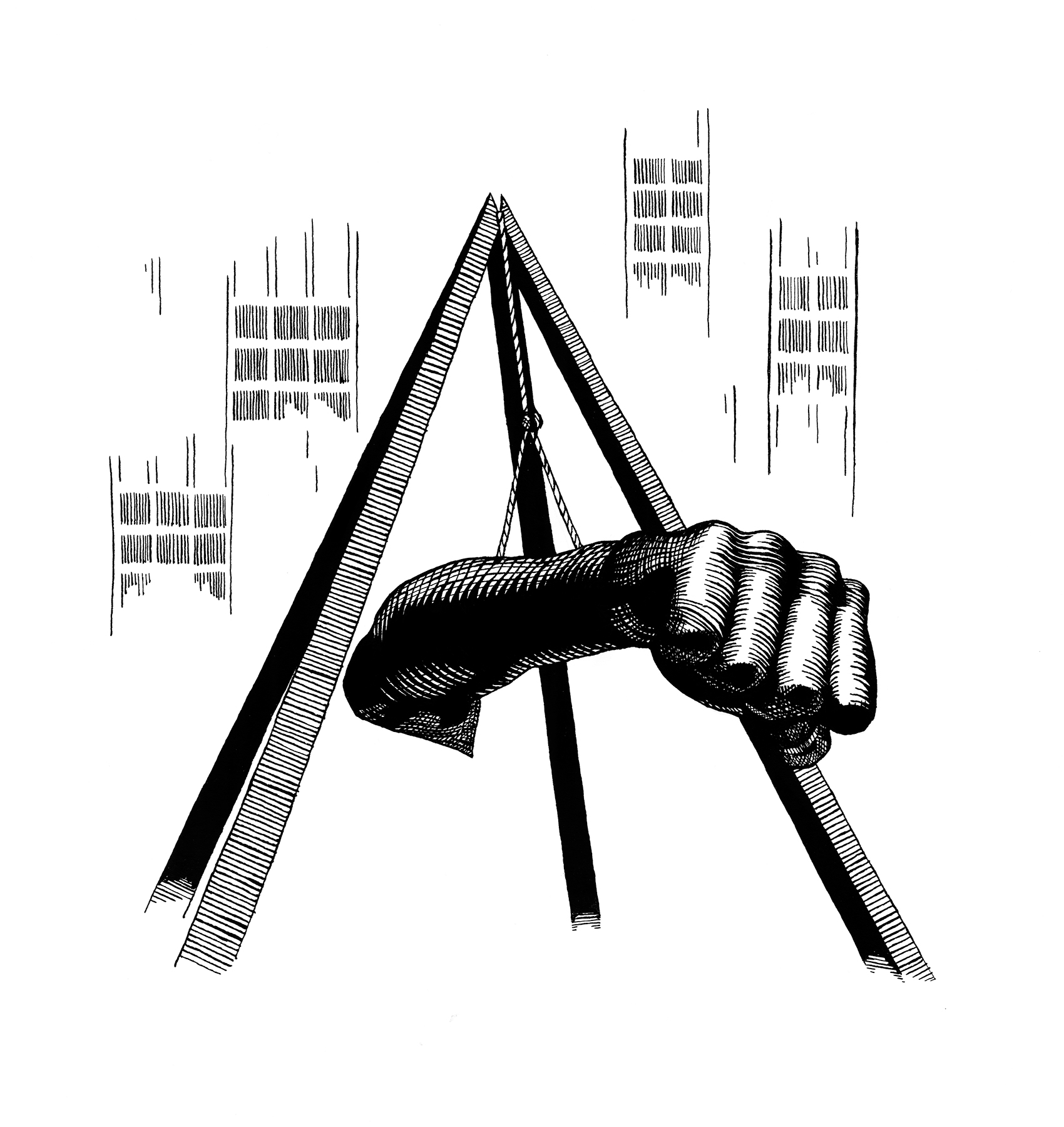 Black and white illustration of a large clenched fist suspended by ropes from a triangular frame, with abstract window-like shapes in the background.