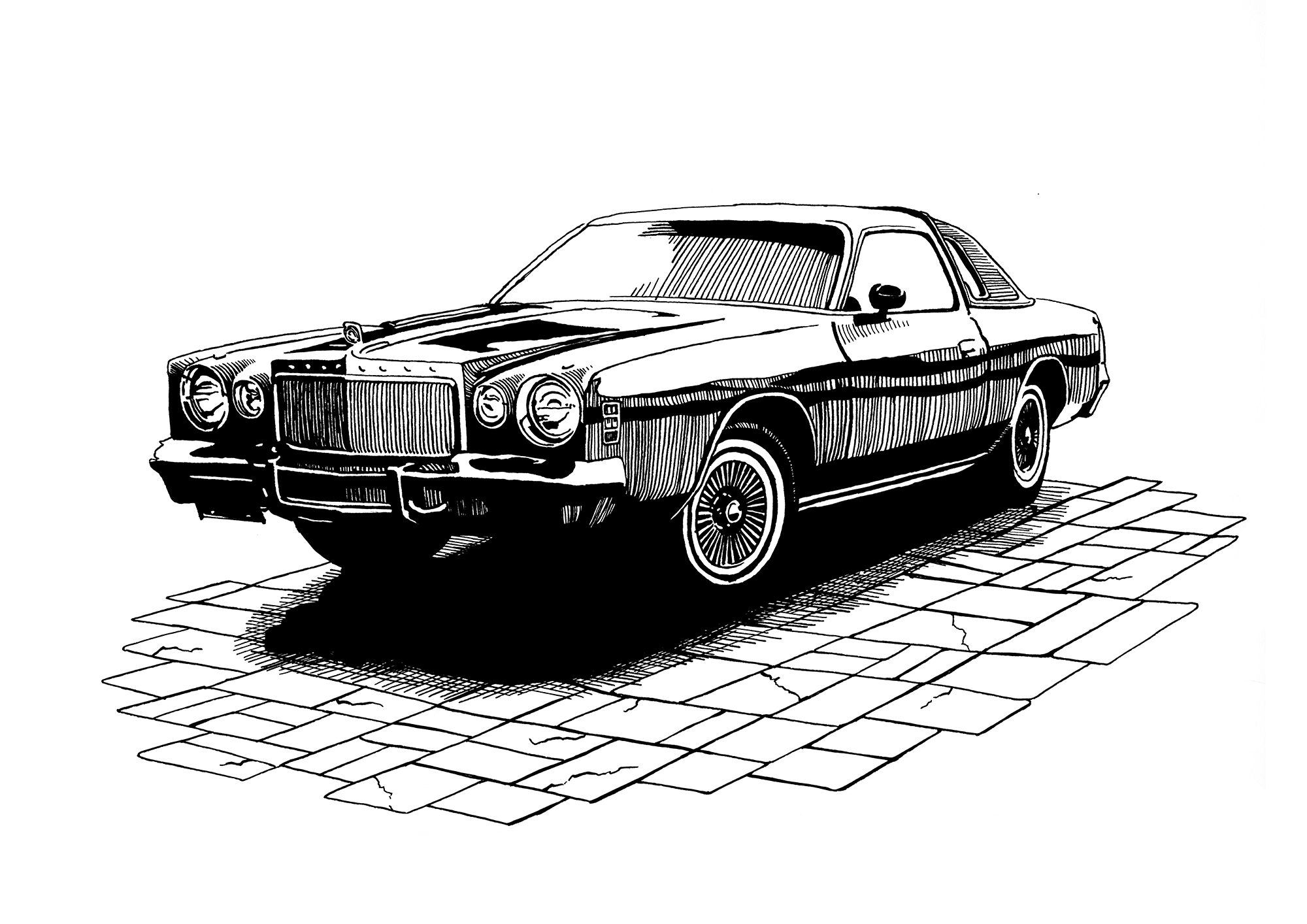 Black and white ink drawing of a classic vintage car parked on a tiled surface.