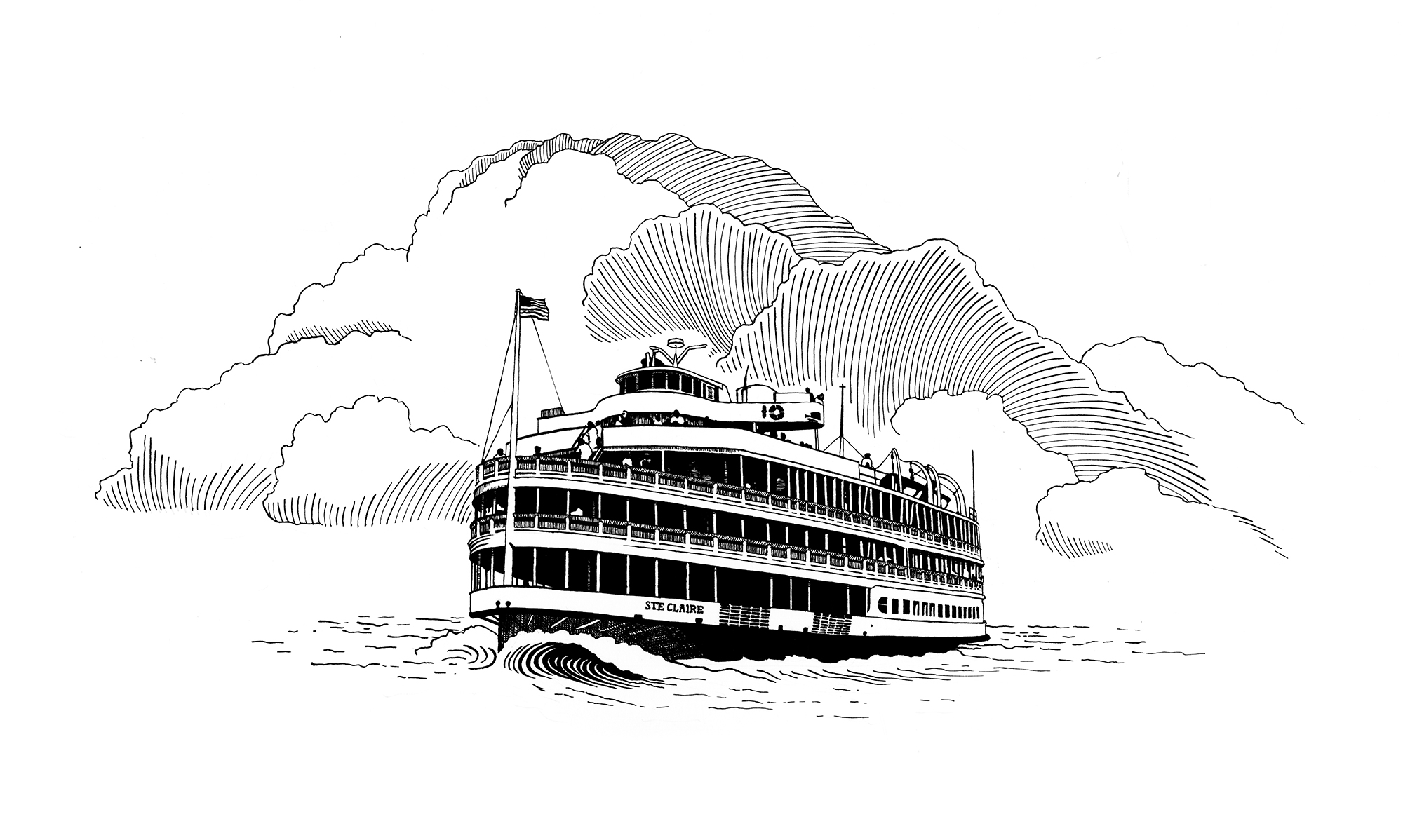 Black and white line drawing of a large passenger ferry named STE CLAIRE sailing on water with clouds in the background.