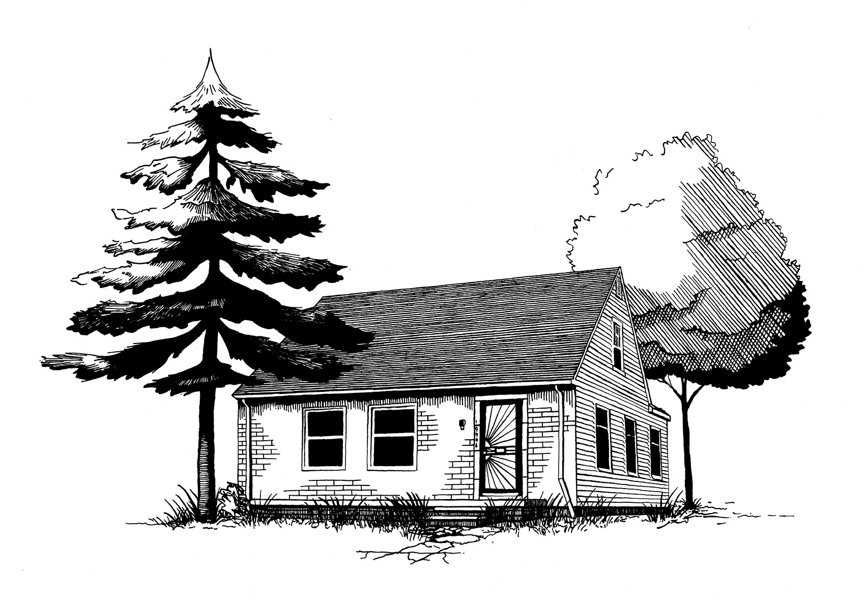 Black-and-white drawing of Eminem's childhood home, small house with a gabled roof, surrounded by tall trees and bushes.