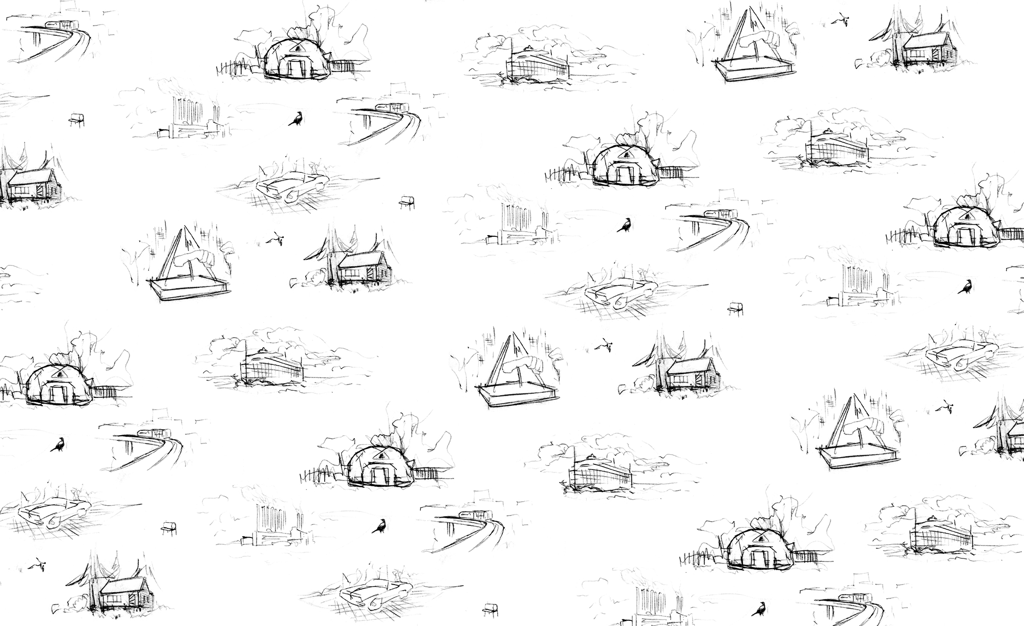 Pattern of black and white sketches including roads with cars, houses, sailboats, vintage cars, and industrial buildings on a white background.