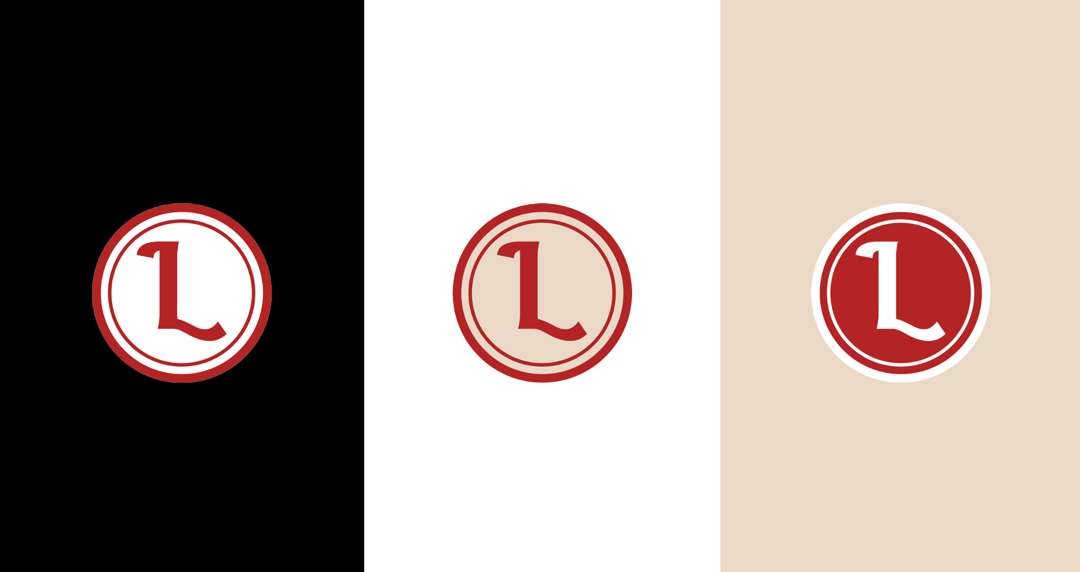 Three round logos with letter 'L' in a serif font, each shown on black, white, and beige backgrounds with inverted color schemes.