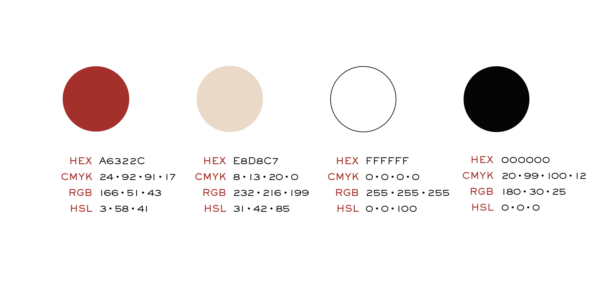 Four color swatches with their HEX, CMYK, RGB, and HSL codes, showing a dark red, beige, white, and black color.