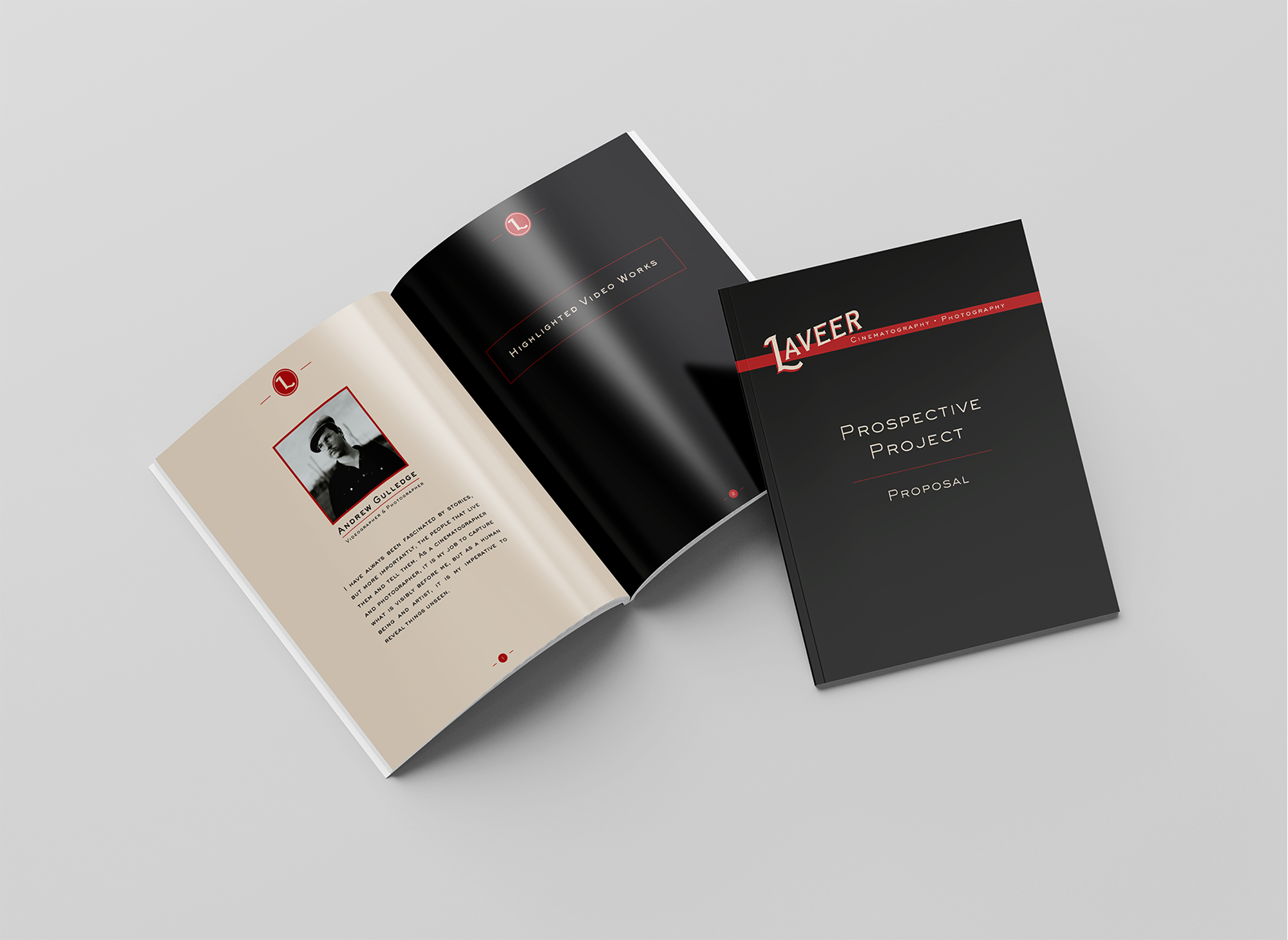 Opened and closed Laveer brochure with title 'Prospective Project Proposal'.