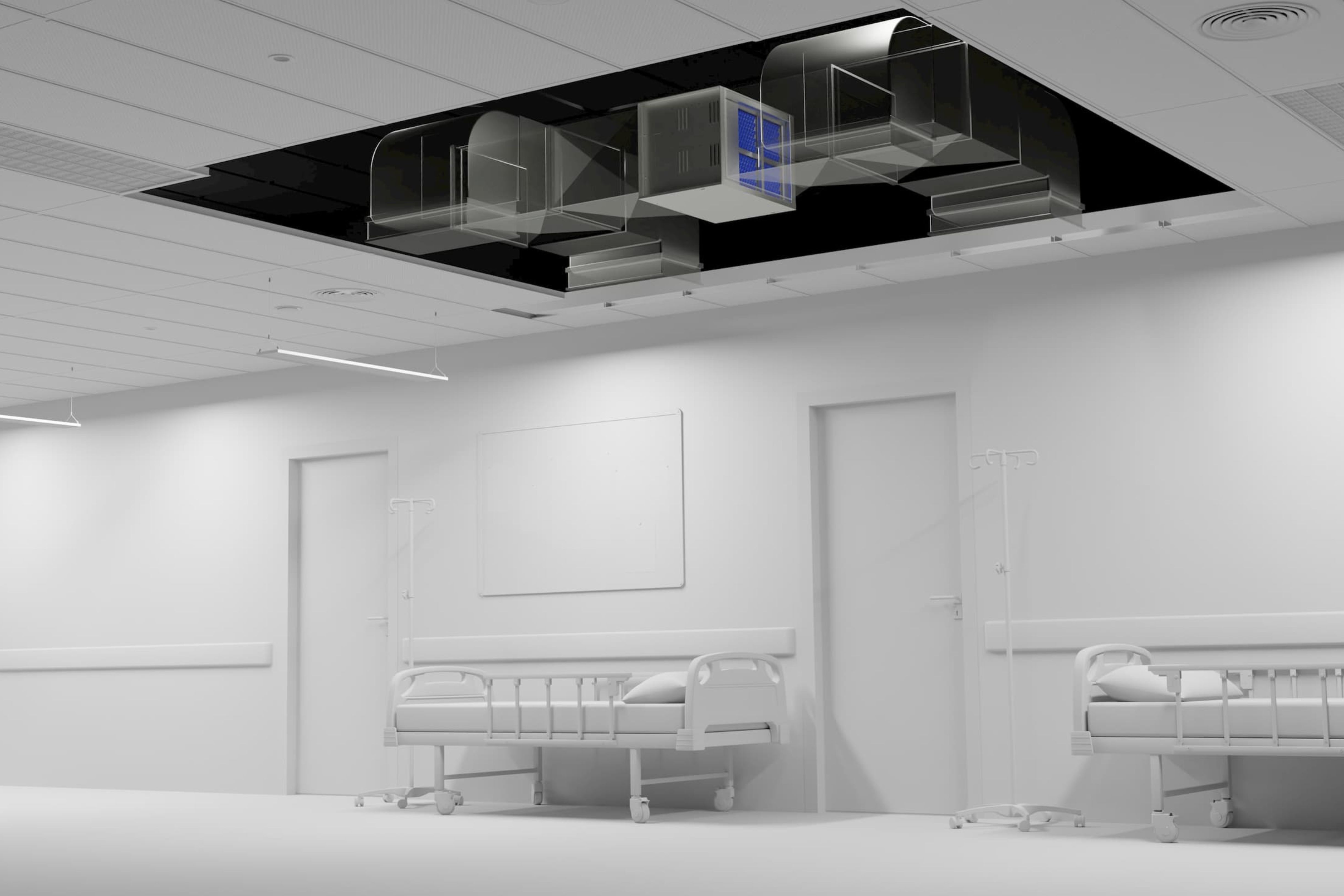 Empty hospital room with two beds, IV stands, and exposed HVAC ducts in the ceiling.