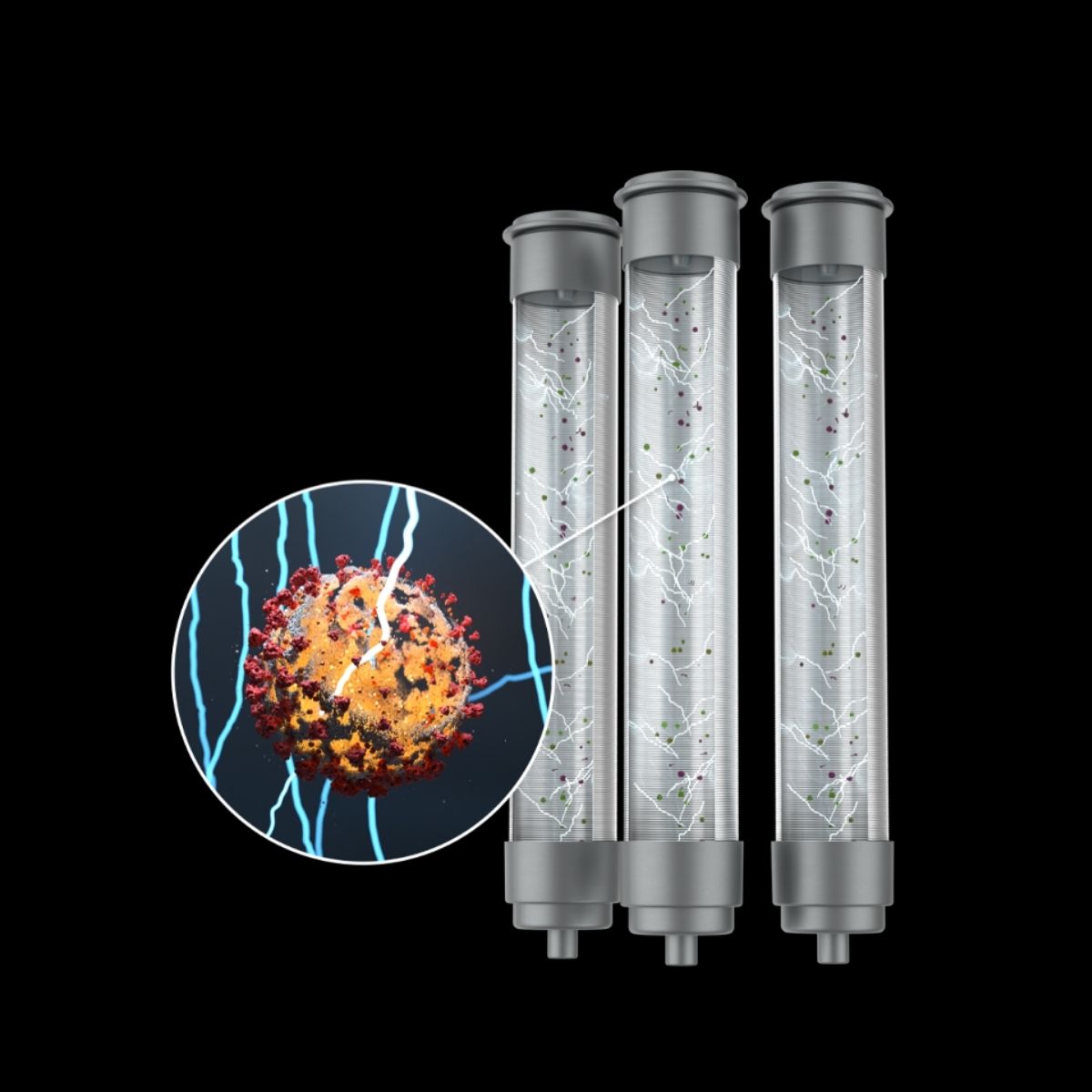 Three vertical metallic reactor tubes with electric-like blue and white lines inside, highlighting a magnified close-up of a virus particle resembling the COVID-19 virus.