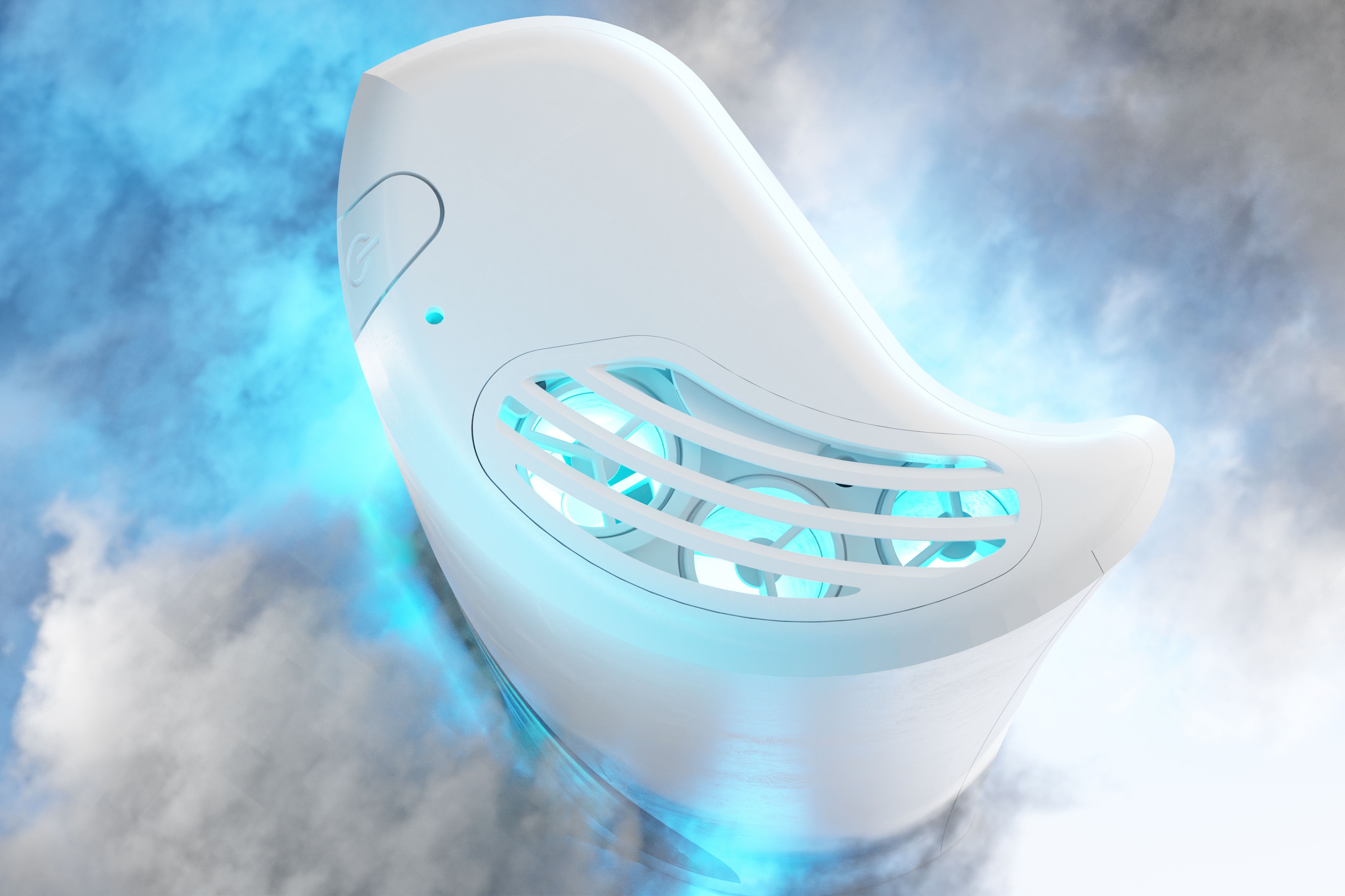 Close-up of a sleek white portable air purifier with blue glowing fan lights and vent openings surrounded by mist.