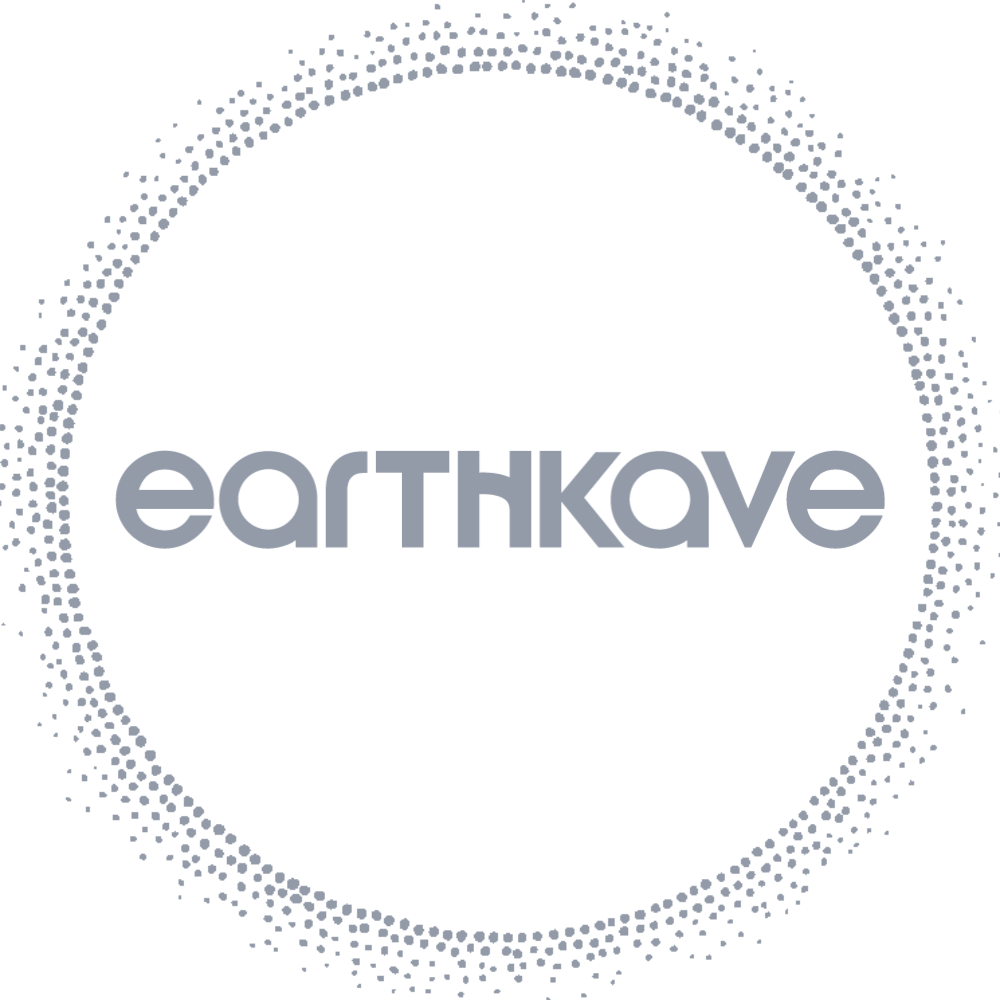 Earthkave brand name surrounded by a circular dotted grey halo.