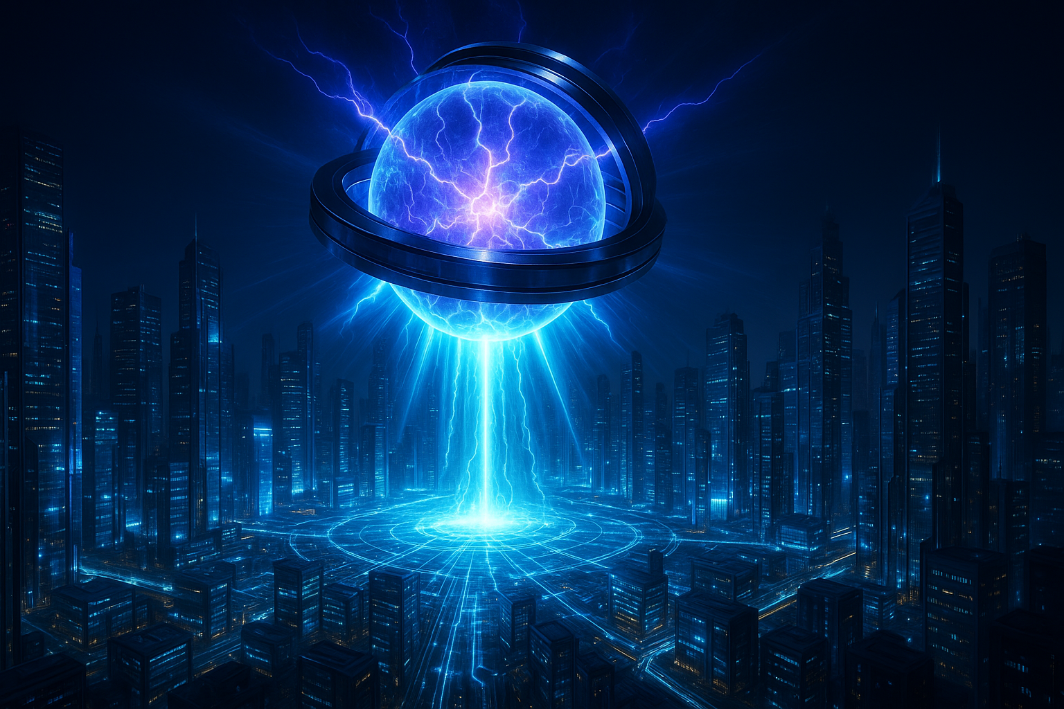 Glowing blue energy sphere with electric rings hovers above a futuristic cityscape at night, emitting a beam of light to the ground.