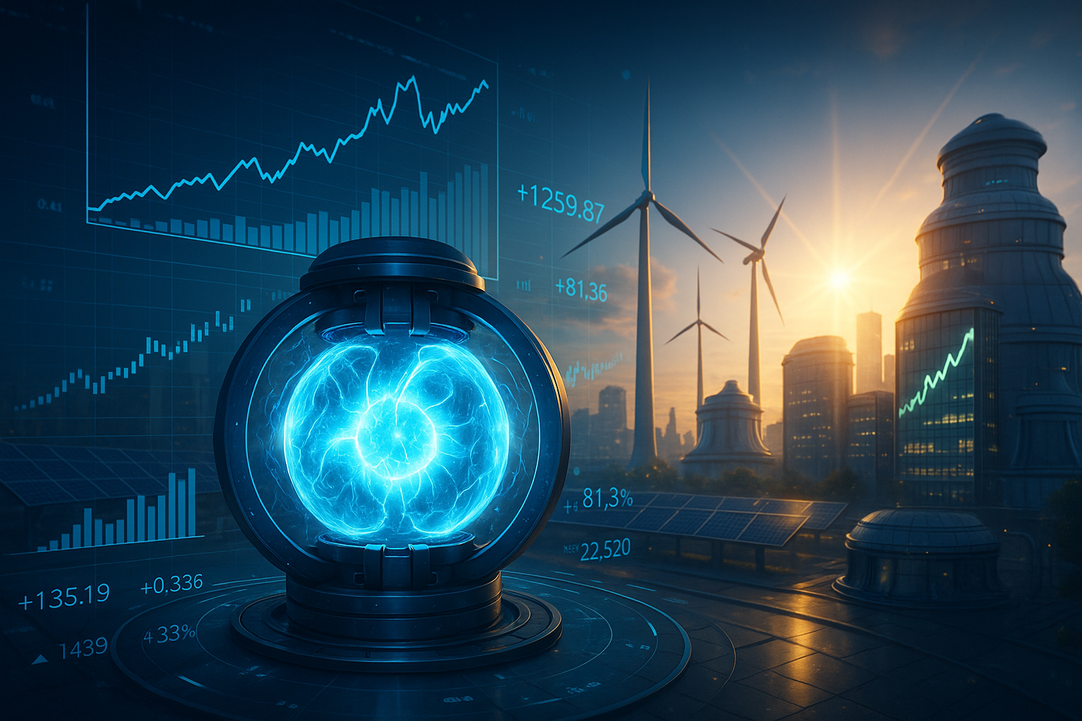 Futuristic energy core glowing blue in a metal container with wind turbines, solar panels, and city skyscrapers at sunset with financial data overlays.
