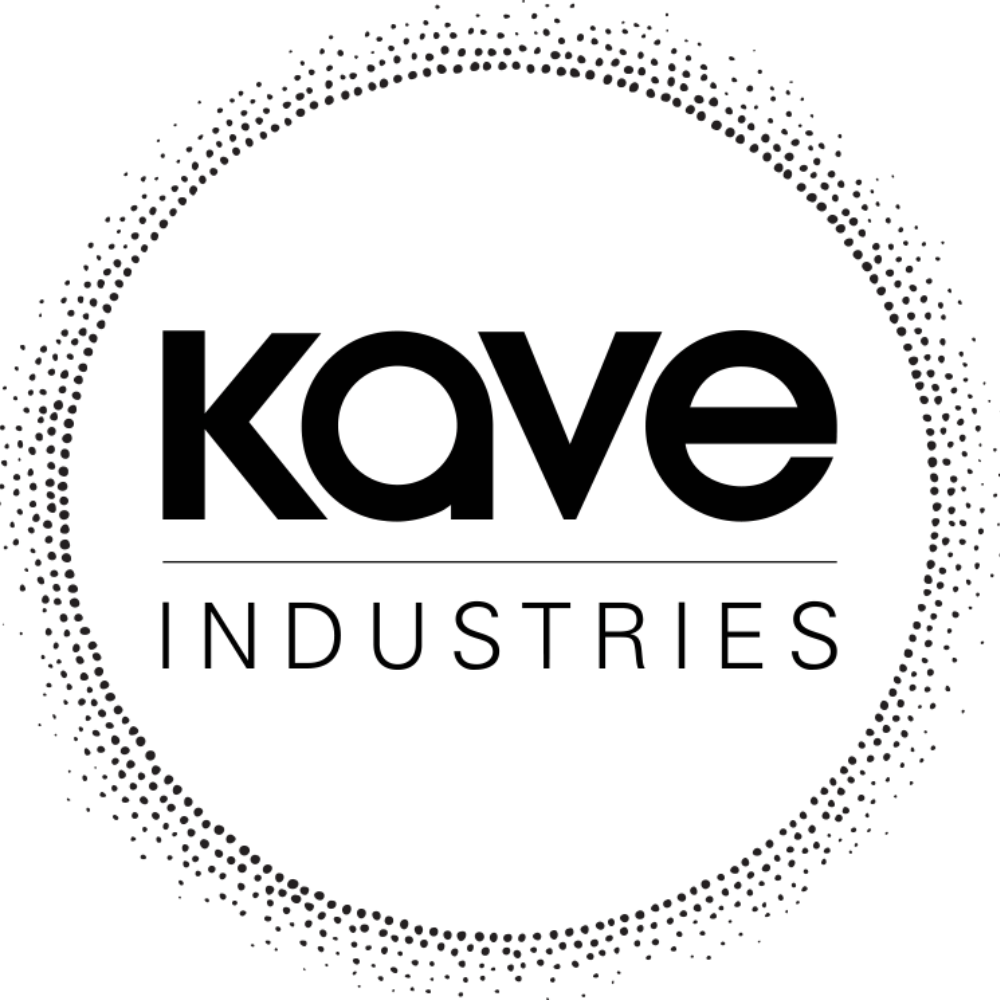 Kave Industries logo with bold black text and a dotted circular border.