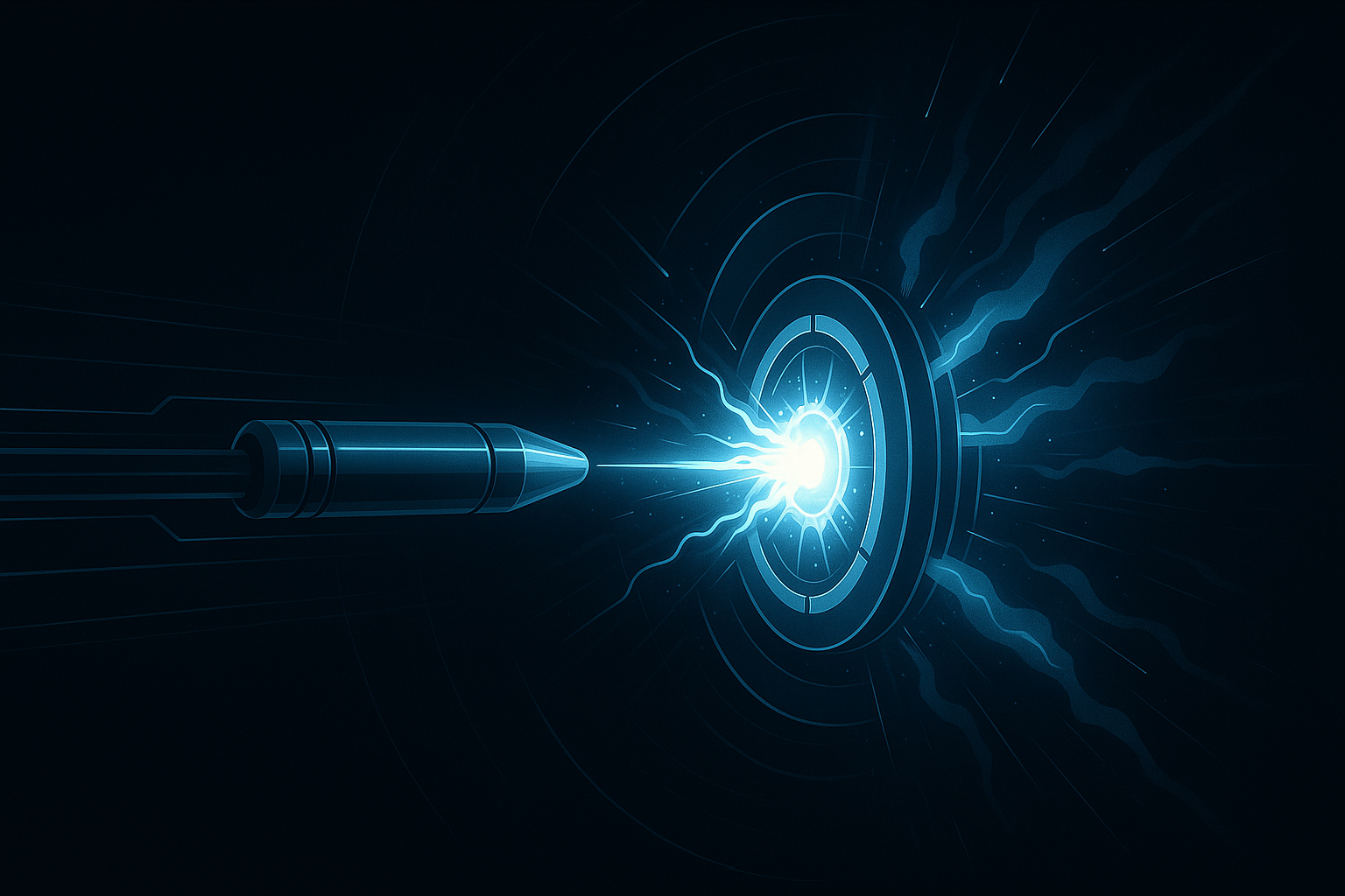 Futuristic blue-glowing projectile firing energy towards a circular target with radiating light and energy waves.