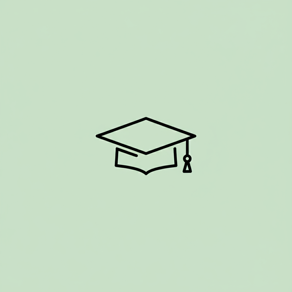 Black outline of a graduation cap with a tassel on a light green background.