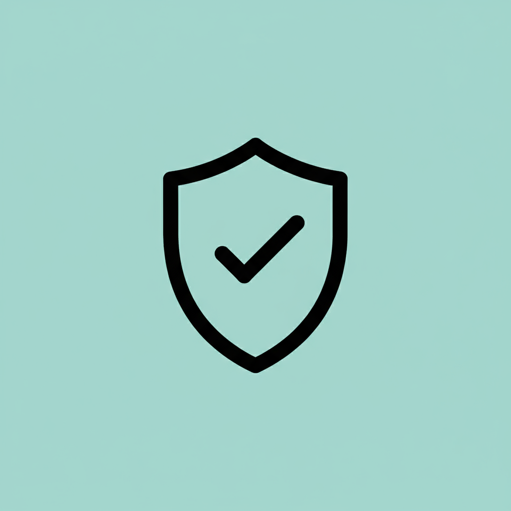 Black shield outline with a checkmark inside on a light green background.