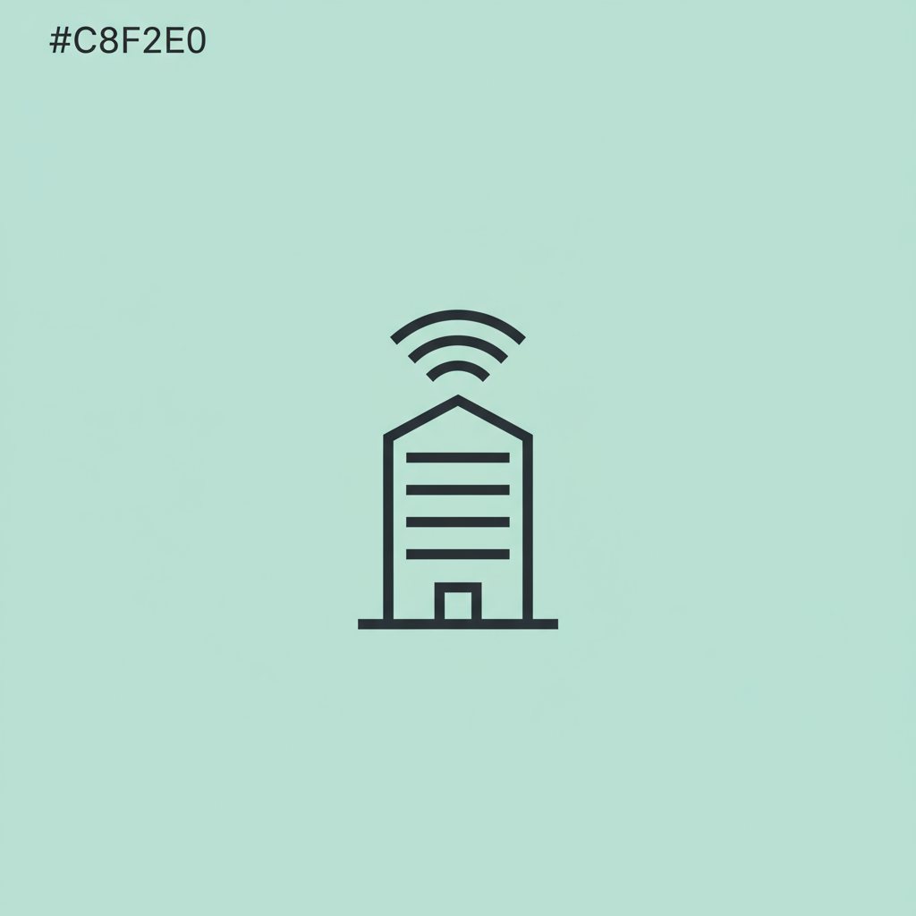 Icon of a smart building with WiFi signal waves above it on a light green background.