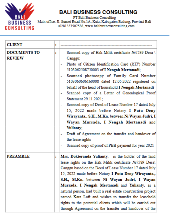 Due Diligence from Bali Business Consulting