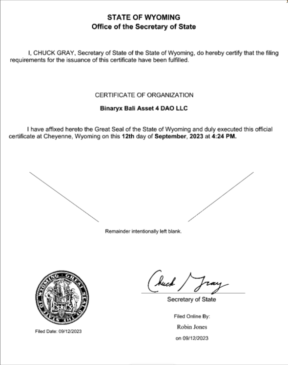 Binaryx Bali Asset 4 DAO LLC certificate of organization