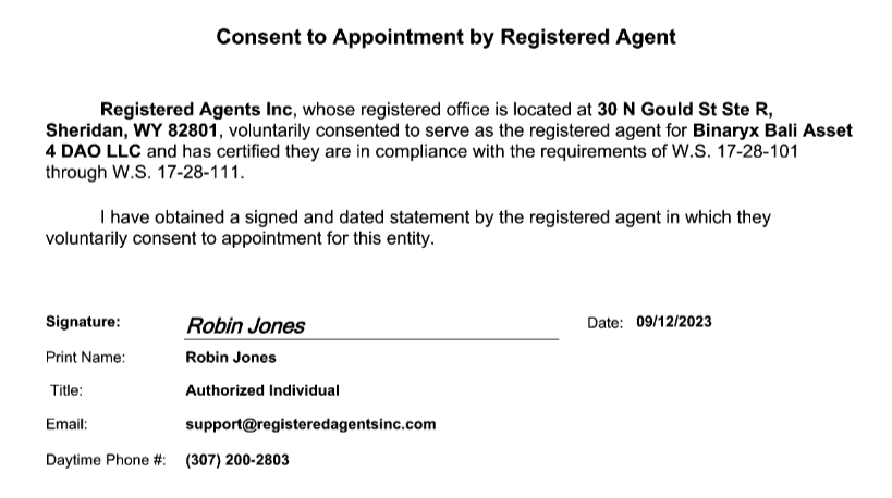 Consent to Appointment by Registered Agent