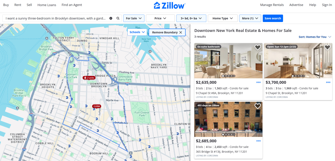 Tell Zillow, "I want a sunny three-bedroom within 20 minutes in Brooklyn downtown, with a garden for our dog