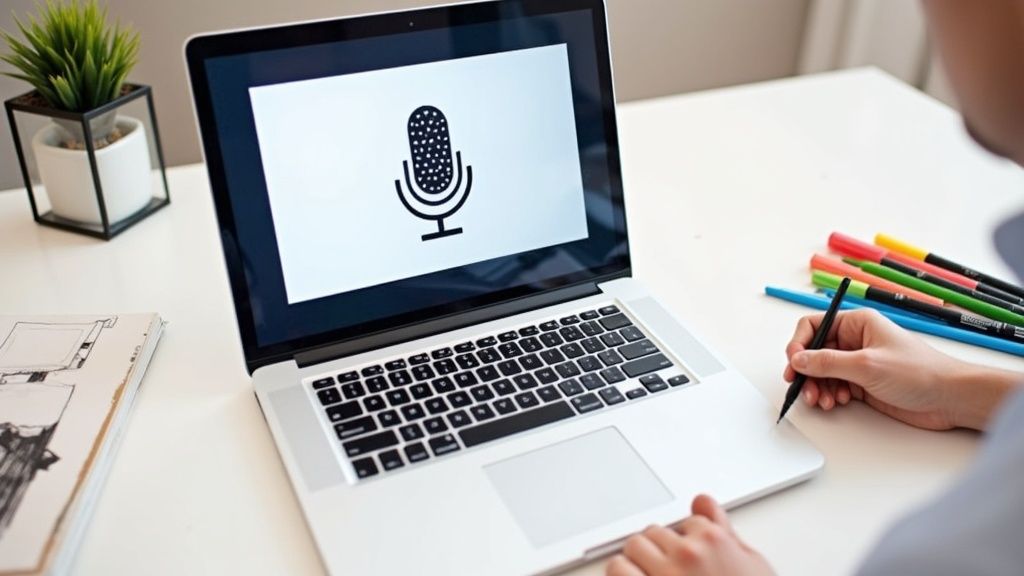 A modern, clean desk setup with a high-quality microphone, dual monitors showing editing software, and soft lighting, representing a professional recording and editing environment.
