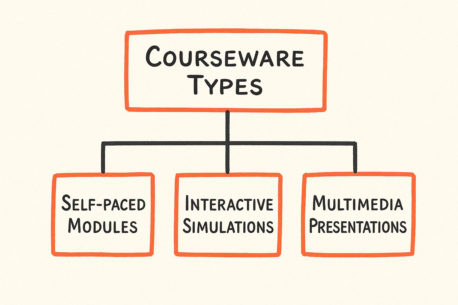 Infographic showing courseware types hierarchy: Self-paced Modules, Interactive Simulations, and Multimedia Presentations.