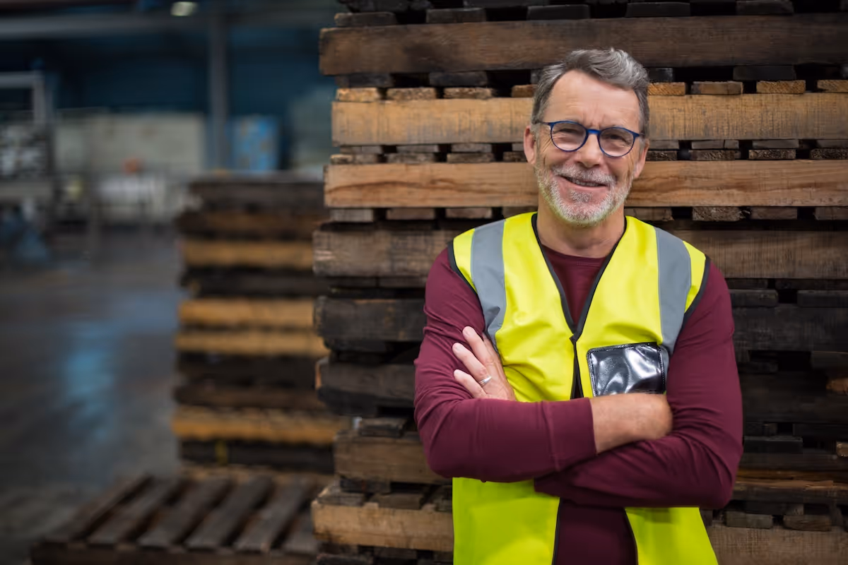 Older warehouse worker in a yellow safety vest standing with arms crossed and smiling in front of stacked wooden pallets in an industrial facility