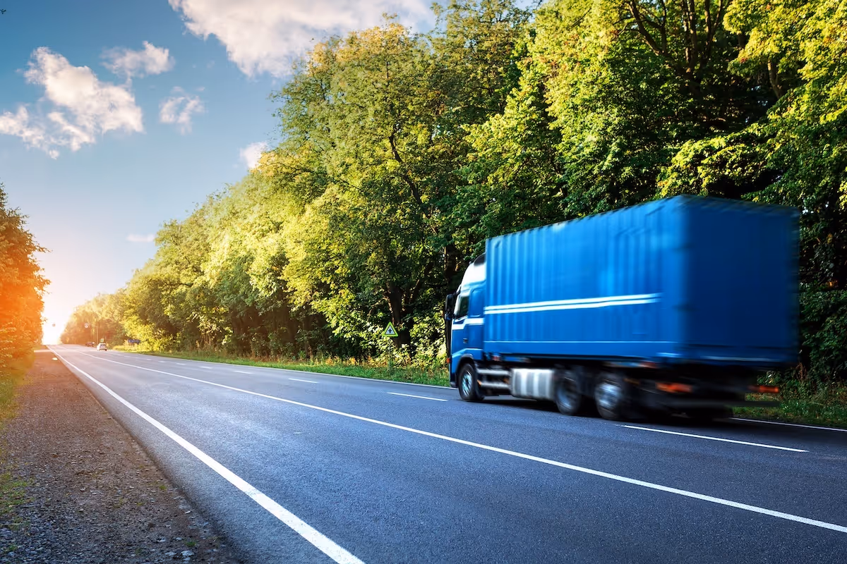 Blue freight truck driving down a tree-lined highway under a sunny sky, representing transportation and logistics services