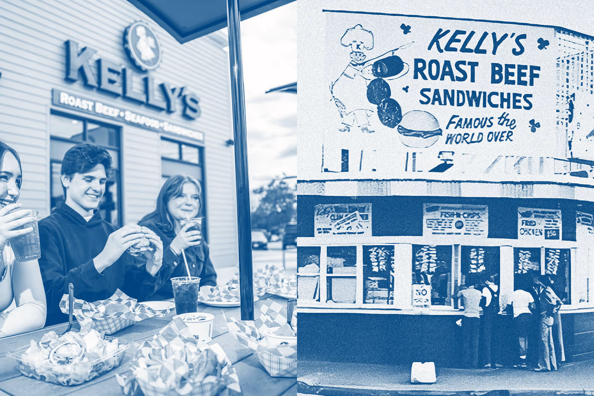 Three people enjoying drinks and food outdoors at a picnic table in front of Kelly's restaurant, alongside a historic black-and-white image of Kelly's Roast Beef sandwich stand with customers.