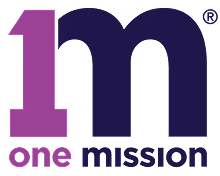 Logo with a large stylized number 1 in purple and the word 'one mission' beneath in matching colors.