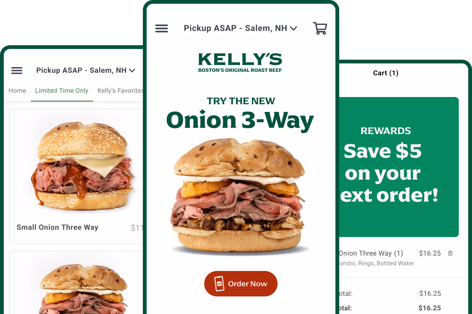 Three mobile screens showing Kelly's Boston's Original Roast Beef app featuring the new Onion 3-Way sandwich, order button, menu options, and cart with a $5 rewards discount.