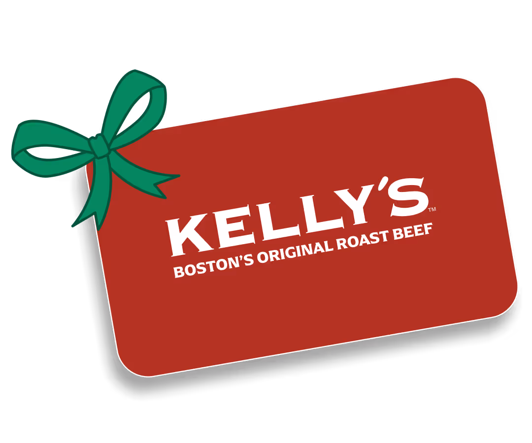 A red Kelly's Roast Beef gift card with a green bow and white text reading "Boston's Original Roast Beef.