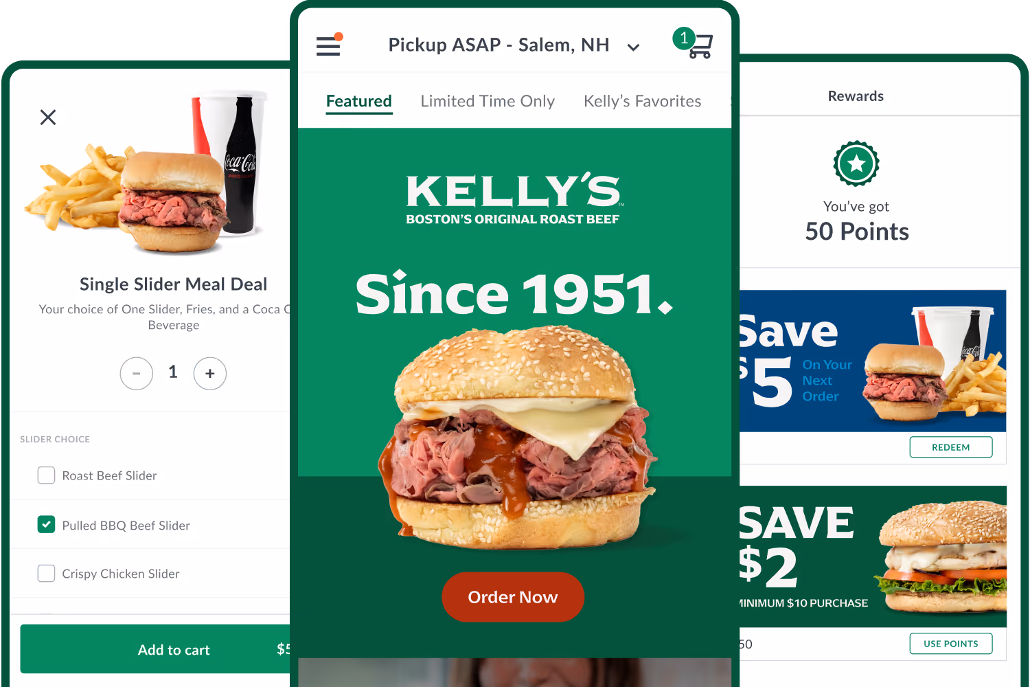 Three mobile screens showing Kelly's Boston's Original Roast Beef app featuring the new Onion 3-Way sandwich, order button, menu options, and cart with a $5 rewards discount.