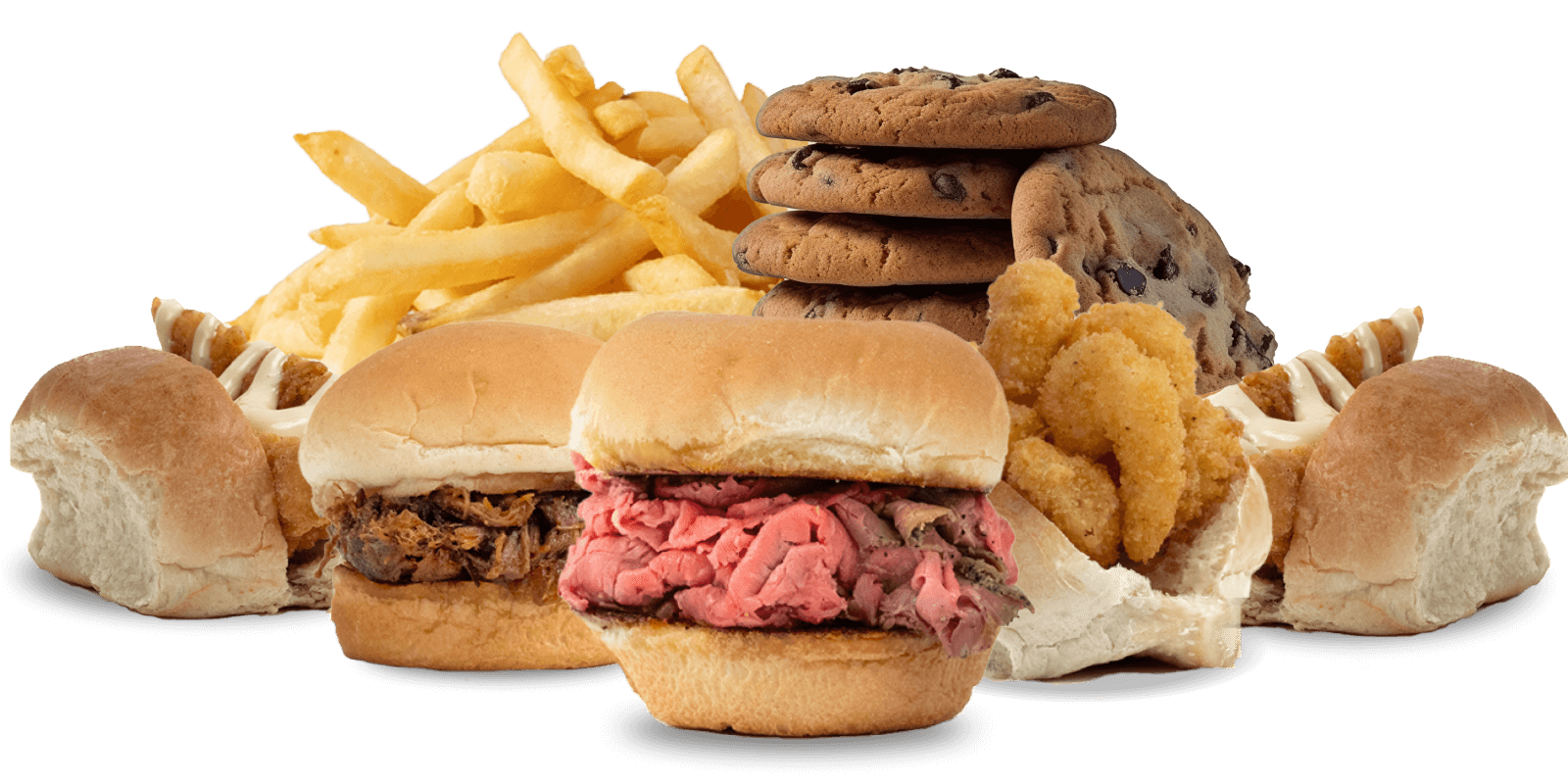 Assorted fast food items including sandwiches, fries, cookies, onion rings, and slider buns on a white background.