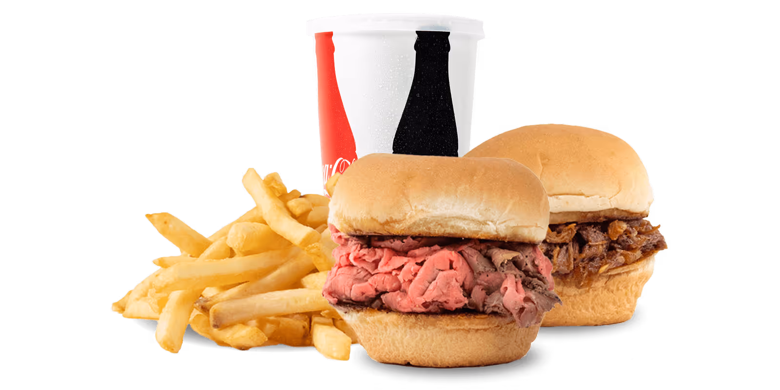 Two sandwiches with different meats, a serving of French fries, and a soft drink cup on a white background.