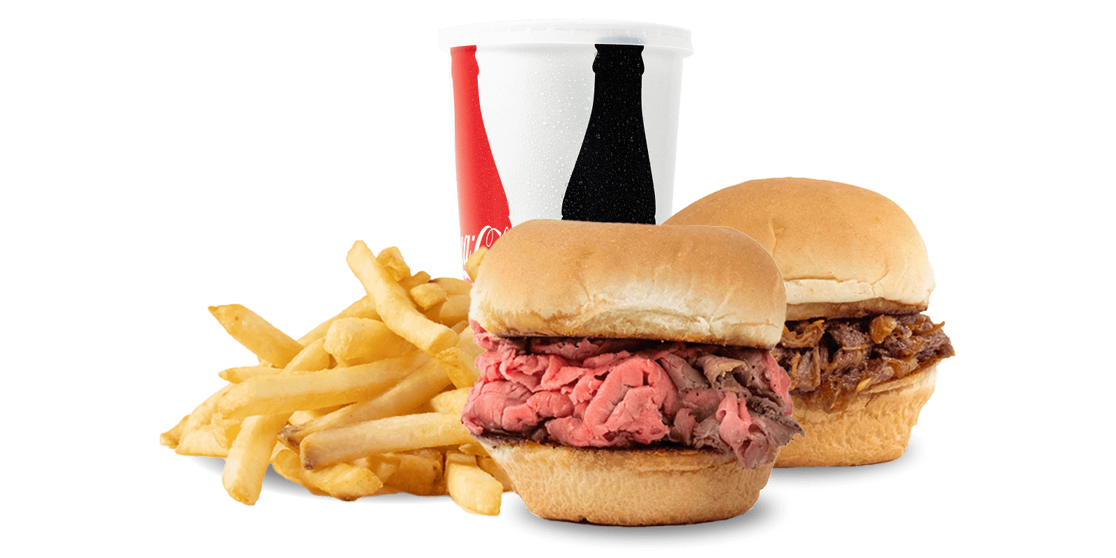 Two sandwiches with different meats, a serving of French fries, and a soft drink cup on a white background.
