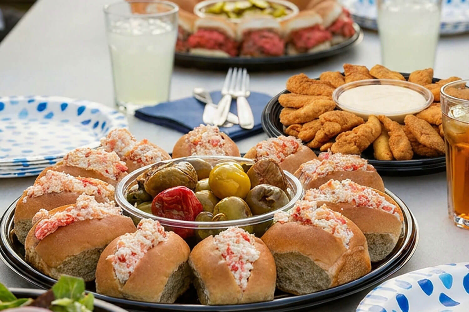 A platter of stuffed rolls with a center bowl of pickled vegetables, next to fried chicken strips and dipping sauce.