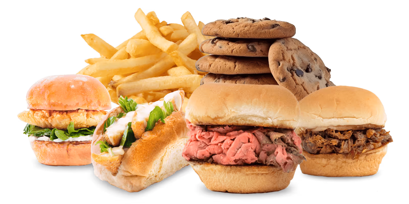 Assorted fast food items including sandwiches, fries, cookies, onion rings, and slider buns on a white background.
