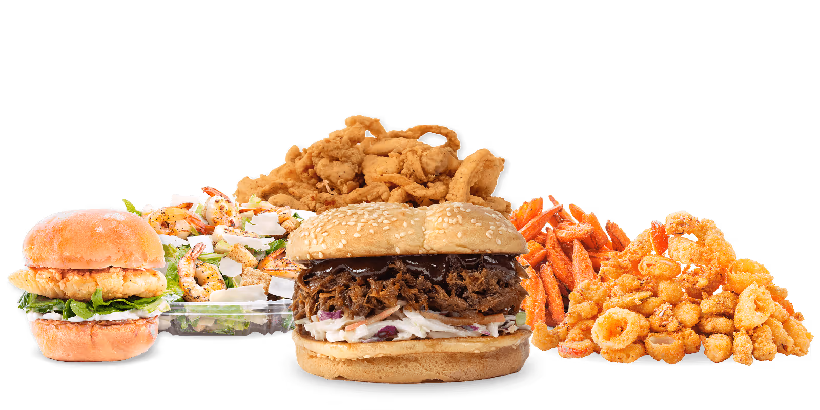 Assorted fast food items including sandwiches, fried chicken, salad, sweet potato fries, and fried onion rings.