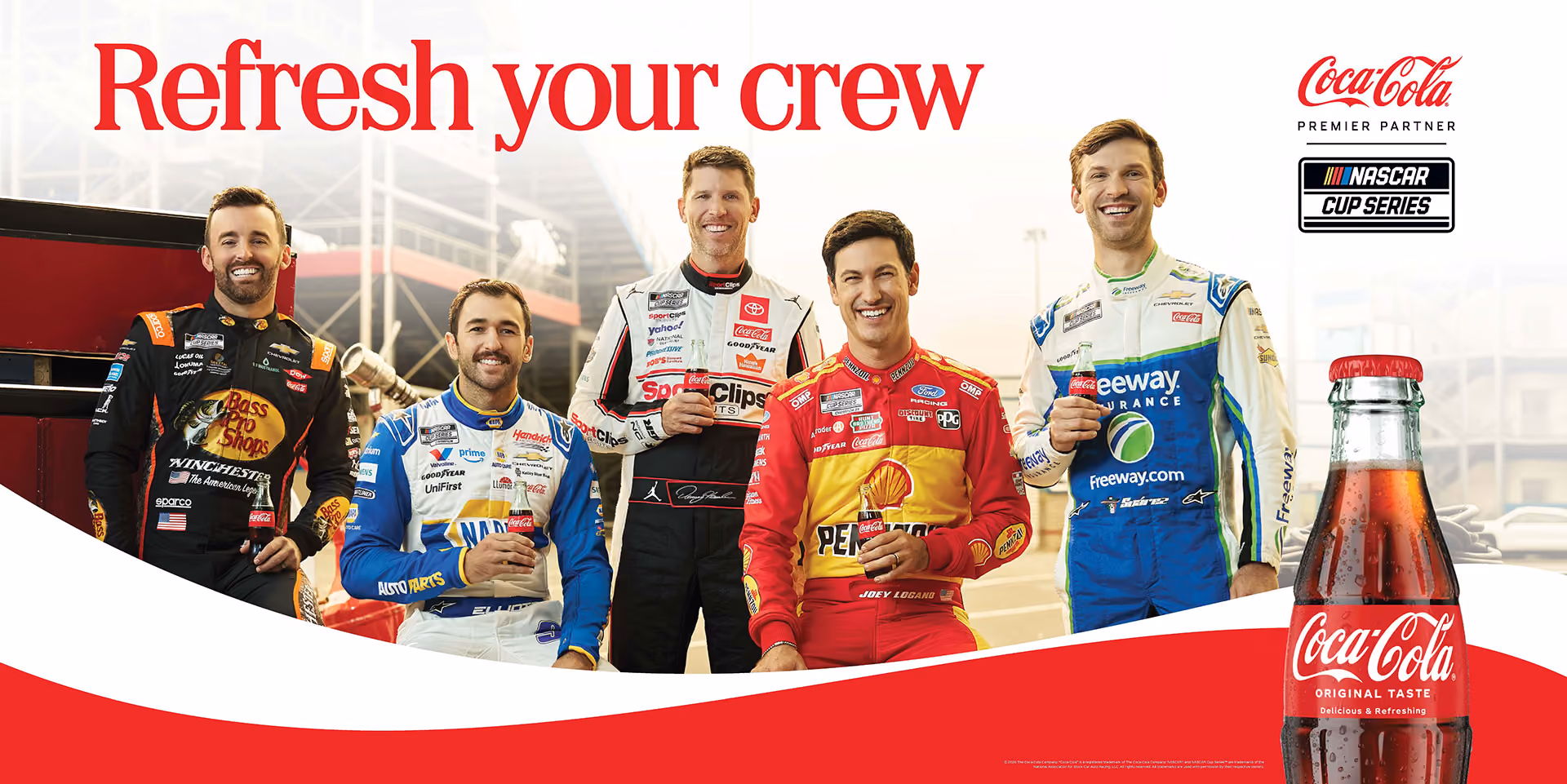 Five smiling NASCAR drivers in racing suits each holding a Coca-Cola bottle under the text Refresh your crew.