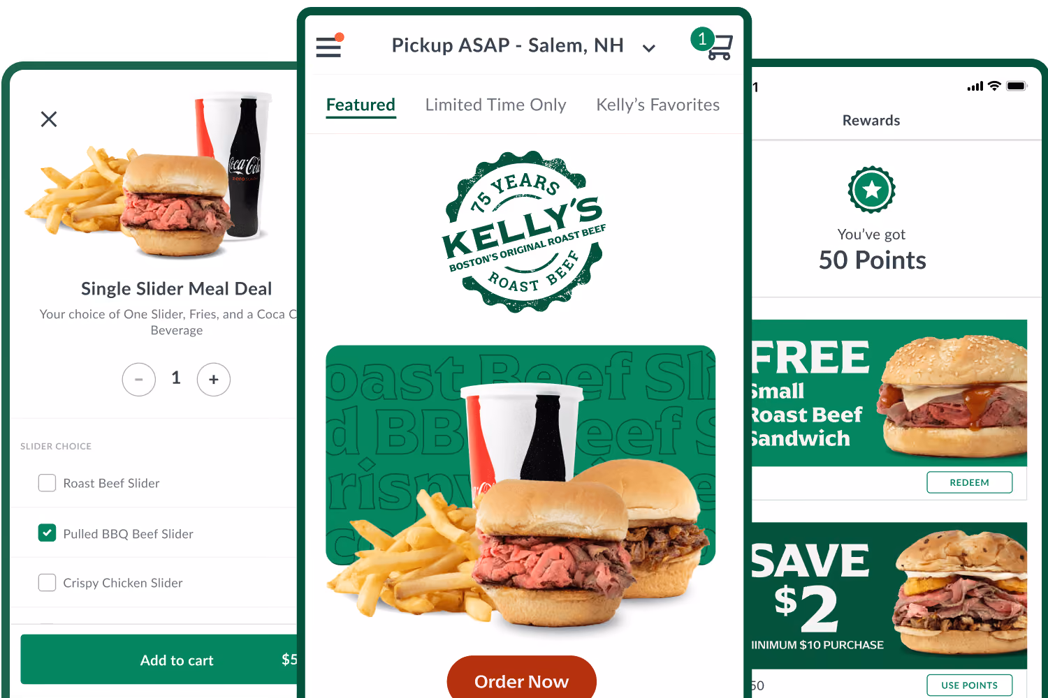 Mobile app screens display roast beef sandwich meal deals, rewards points, and limited-time offers from Kelly’s Roast Beef.