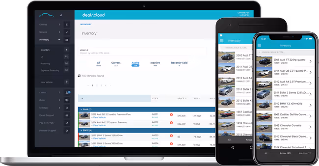 dealr.cloud inventory management interface on a dealership’s website listing active vehicles for sale. 