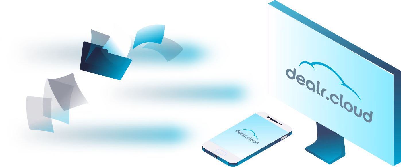 Illustration of paperwork eliminated and securely stored digitally in cloud-based car dealership software on desktop and mobile.