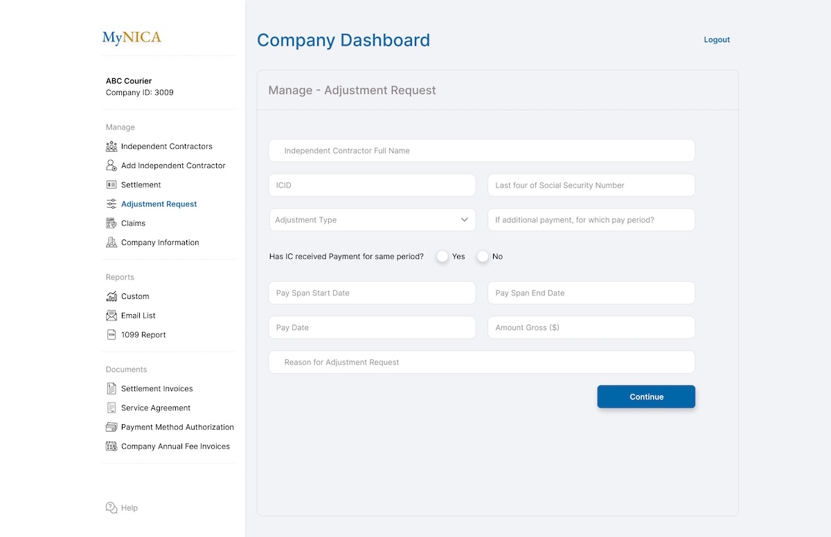 MyNICA app screen that simplifies independent contractor solutions.
