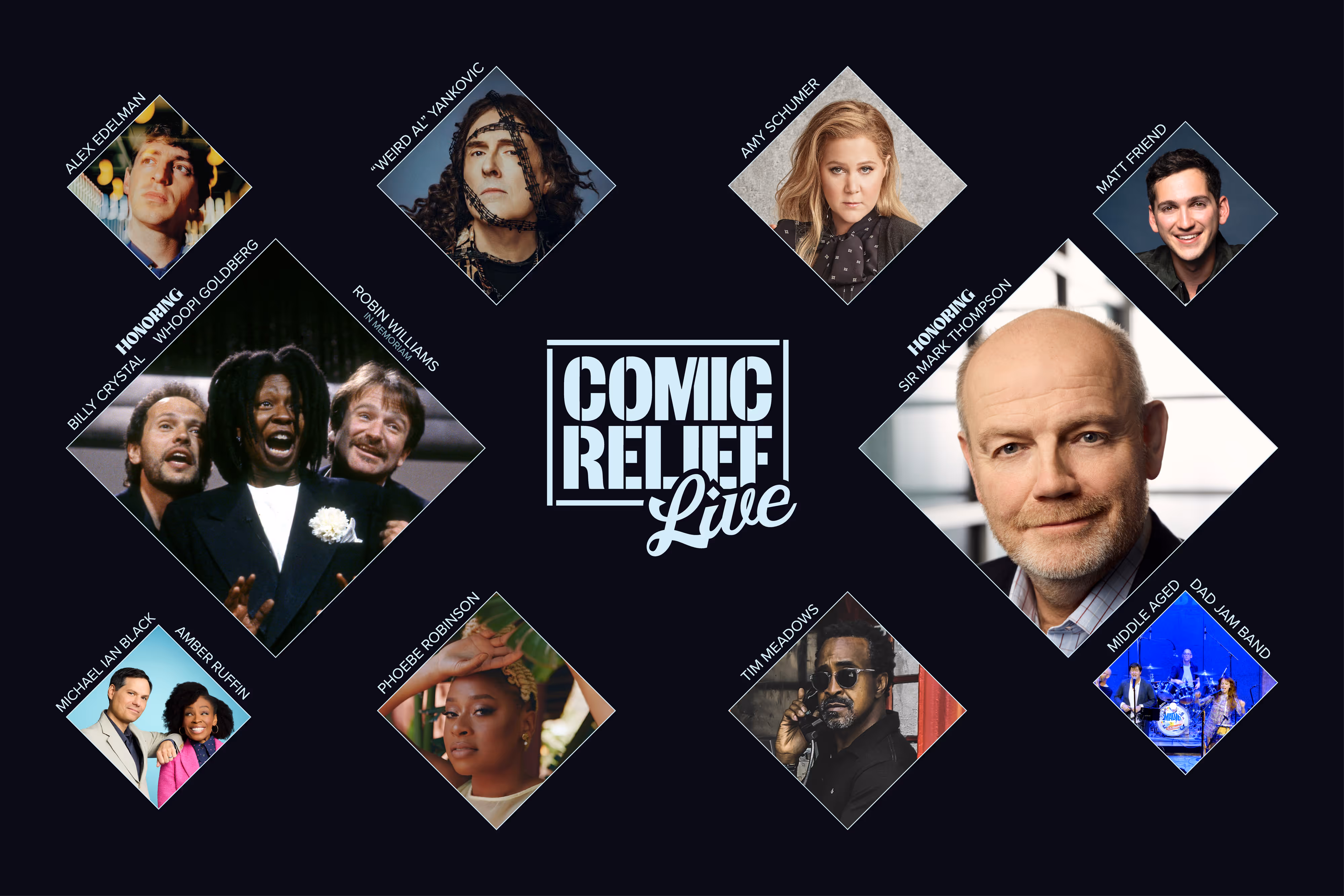 A photo collage of stars including Amy Schumer, "Weird Al" Yankovic, Matt Friend, Sir Mark Thompson, Alex Adelman, Billy Crystal, Whoopi Goldberg, Robin Williams, Time Meadows, Phoebe Robinson, and more