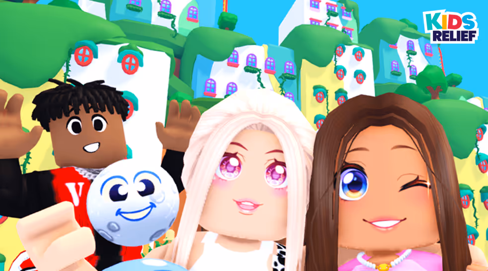 Three Roblox characters pose smiling and a smiling sprite is also visible